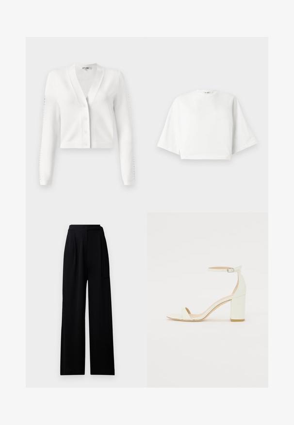 White cropped cardigan featuring a V-neck, button front, and ribbed sleeves with hole detailing. Soft fabric with a smooth texture.; White cropped t-shirt with relaxed fit, short wide sleeves, round neckline, and side slits, made from soft cotton material.; Black wide-leg trousers made from soft fabric, featuring a high waistband and a matching tie belt, with a smooth texture and no visible patterns.; White leather block-heel sandal featuring an ankle strap with a buckle and minimalist design. Open toe and smooth textures throughout.