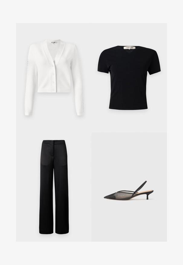 White cropped cardigan featuring a V-neck, button front, and ribbed sleeves with hole detailing. Soft fabric with a smooth texture.; Black short-sleeve t-shirt with a V-neck design, made of a smooth, stretchy fabric. Features a simple, classic silhouette without embellishments.; Wide-leg black trousers with a textured surface, featuring a flat waistband and two side pockets. The fabric appears lightweight and flowing.; NEOUS IRENA - Classic heels - black