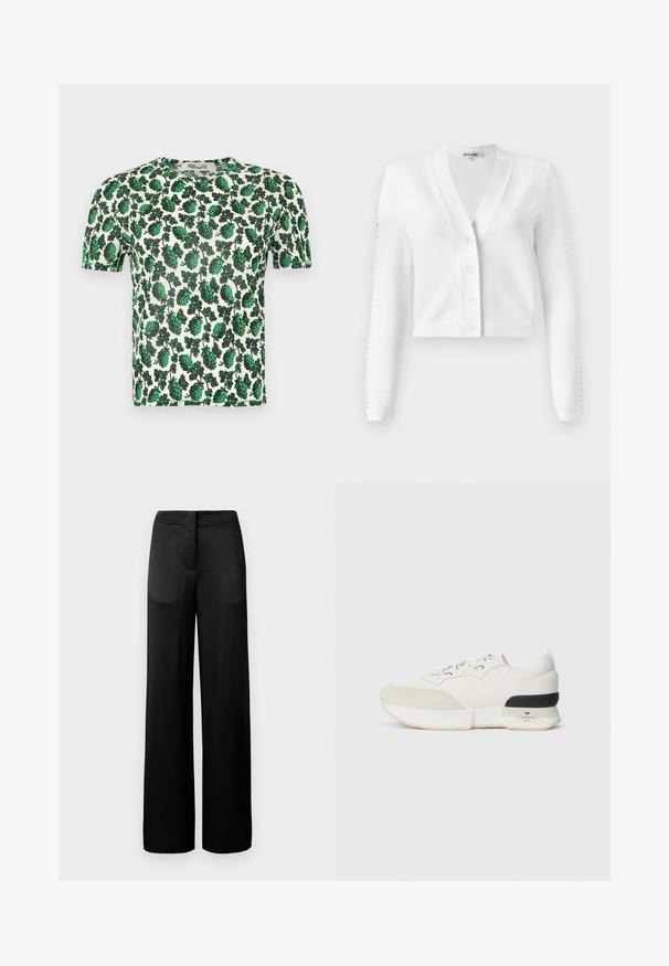 Balta īsā kardigāna jaka ar V-veida kaklu, pogu priekšpusi un ribotām piedurknēm ar caurumu detaļām. Mīksta auduma, gluda tekstūra.; Zaļš ziedu īsām piedurknēm tops ar lieliem lapu rakstiem uz balta fona, izgatavots no viegla, elastīga materiāla.; Platas kājas melnas bikses ar teksturētu virsmu, ar plakanu jostu un divām sānu kabatām. Audums izskatās viegls un plūstošs.; Baltie kedas ar teksturētu zamšādu purngalu, gludu acu auduma augšdaļu, dekoratīvu auklu un melnu gumijas papēža akcentu.