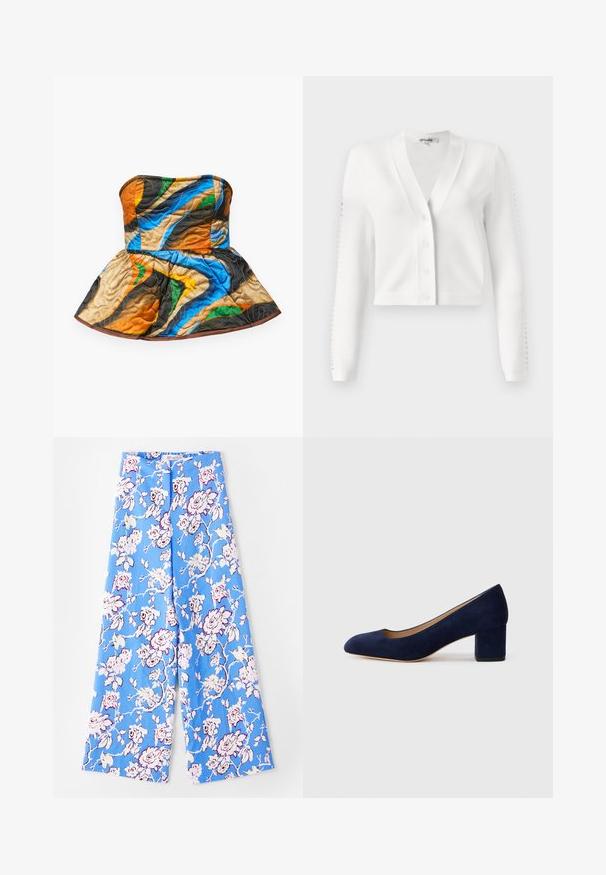 Cardigan scurt alb, cu decolteu în V, închidere cu nasturi și mâneci ribbed cu detalii sub formă de găuri. Material moale cu o textură netedă.; Top fără bretele, cu un design peplum, matlasat. Prezintă modele colorate în nuanțe de portocaliu, albastru, verde și maro pe un material texturat.; Pantaloni florali albaștri cu un model pastelat de trandafiri. Țesătura este netedă, cu o croială lejeră, picioare largi și o talie elastică.; Pantof cu toc din suede bleumarin, cu vârful ascuțit și un toc de înălțime medie în formă de bloc. Textură netedă cu o strălucire subtilă și o mică decupare în față.