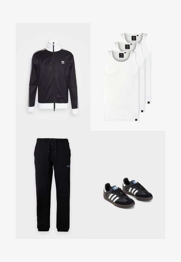 Black track jacket with white accents, full zip, high collar, long sleeves, and Adidas logo on the left chest. Smooth fabric texture.; Three white ribbed tank tops made of cotton. Features a crew neck and small black labels near the hem. Available in multiple sizes.; Black sweatpants with elastic waistband and drawstring, featuring side pockets and a small printed logo on the left thigh. Soft fabric.; Black sneakers with a suede and synthetic upper, featuring three white stripes, textured rubber sole, and blue logo tag on the tongue.