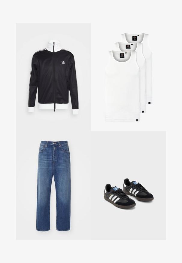 Svart träningsjacka med vita accenter, full dragkedja, hög krage, långa ärmar och Adidas-logga på vänster bröst. Slät tygkänsla.; Tre vita ribbade linnen i bomull. Har rund halsringning och små svarta etiketter vid fållen. Finns i flera storlekar.; Mörkblå denimjeans med rak benform, som har en framknäppning med knapp, fem fickor och ljusa blekningsdetaljer på tyget.; Svarta sneakers med övre del av mocka och syntetmaterial, med tre vita ränder, texturerad gummisula och blå logotags på tungan.