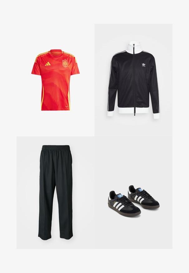 Sort track-jacket med hvide detaljer, fuld lynlås, høj krave, lange ærmer og Adidas-logo på venstre bryst. Glat stofstruktur.; Rød atletisk skjorte med korte ærmer, der har et struktureret design, gule accenter og logoet for det spanske fodboldlandshold.; Sorte træningsbukser med elastisk talje, lavet af glat stof, med diskrete sidesyninger og en afslappet pasform, lige ben design.; Sorte sneakers med en overdel i ruskind og syntetisk materiale, med tre hvide striber, struktureret gummisål og en blå logoetiket på tungen.