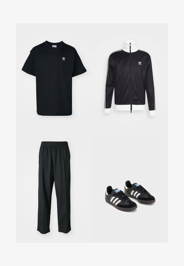 Chaqueta deportiva negra con detalles blancos, cierre completo, cuello alto, mangas largas y logo de Adidas en el lado izquierdo del pecho. Textura de tela suave.; Camiseta de algodón negra con cuello redondo y mangas cortas, que presenta un pequeño logo blanco de Adidas en la zona izquierda del pecho.; Pantalones deportivos negros con cintura elástica, confeccionados en tela suave, que presentan costuras laterales sutiles y un ajuste relajado, diseño de pierna recta.; Zapatillas negras con un upper de ante y sintético, con tres rayas blancas, suela de goma texturizada y etiqueta de logo azul en la lengüeta.
