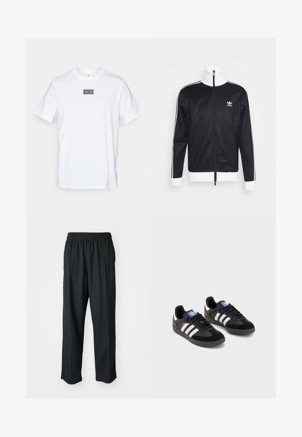 Čierna športová bunda so striebornými akcentmi, celoplošný zips, vysoký golier, dlhé rukávy a logo Adidas na ľavej hrudi. Hladká textúra látky.; Biela bavlnená tričko s okrúhlym výstrihom. Obsahuje obdĺžnikové logo s červeným a modrým dizajnom na hrudi. Krátke rukávy. Štandardný strih.; Čierne športové nohavice s elastickým pásom, vyrobené z hladkého materiálu, s jemným bočným šitím a voľným strihom, rovný strih.; Čierne tenisky so zvrškom z semišu a syntetického materiálu, s tromi bielymi pruhmi, štruktúrovanou gumovou podrážkou a modrou logovou etiketou na jazyku.