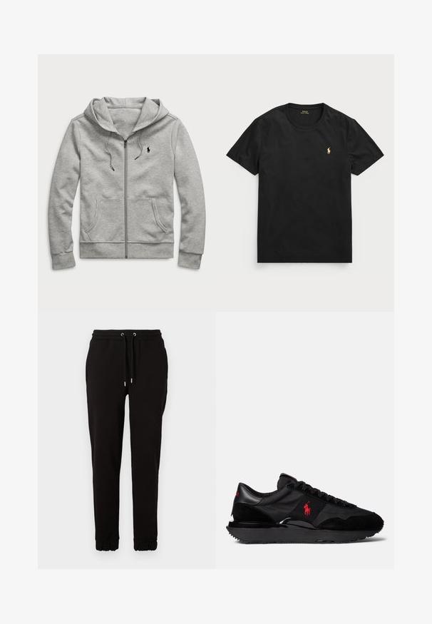 Jasnoszara bluza z kapturem na zamek, z przednią kieszenią, sznurkami i małym czarnym logo na piersi. Wykonana z miękkiego, teksturowanego materiału.; Czarny krótki rękaw t-shirt wykonany z bawełny, z okrągłym dekoltem, z małym złotym logo polo na lewej piersi.; Czarne dresy z miękkiego materiału, z elastycznym pasem w talii z sznurkiem, bocznymi kieszeniami i ściągaczami przy kostkach.; Czarne sportowe sneakersy z połączenia zamszu i materiałów tekstylnych. Wyrazisty czerwony akcent z logo oraz teksturowana gumowa podeszwa.