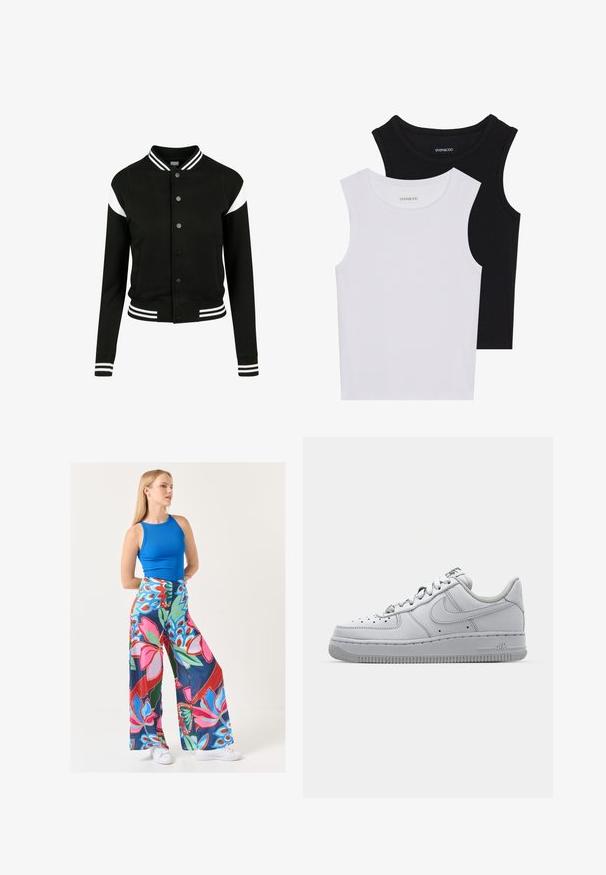 Zwarte varsityjack met witte accenten, geribde manchetten en zoom, knoopsluiting, twee zijzakken, gemaakt van zachte stof. Klassiek sportief ontwerp.; Twee mouwloze tops in zwart en wit, gemaakt van geribbelde katoen, met ronde halslijnen en een getailleerd ontwerp. Labels zichtbaar op beide.; Jimmy Key HIGH WAIST WIDE LEG FLORAL - Broek - mixed; Witte leren sneaker met een low-top ontwerp, ronde neus, geperforeerde details en een getextureerde rubberen zool. Heeft grijze accenten op de tong.