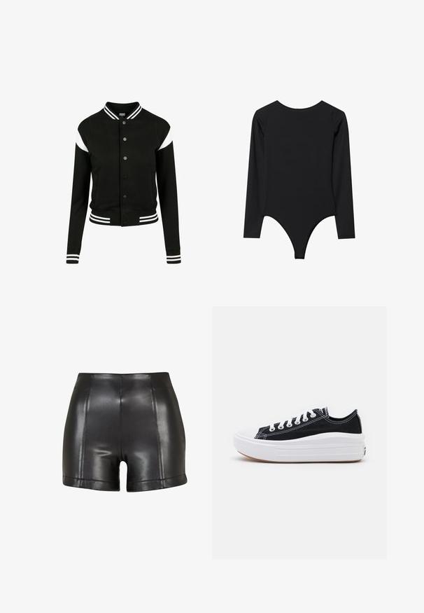Čierna univerzitná bunda s bielymi akcentmi, rebrované manžety a lem, zapínanie na gombíky, dve bočné vrecká, vyrobená z mäkkej tkaniny. Klasický športový dizajn.; Čierny body s dlhým rukávom, okrúhlym výstrihom, priliehavý strih a odporový spodniak. Hladká textúra, minimálne švy, žiadne viditeľné kovanie.; Čierne šortky z umelého kože s vysokým pásom, hladkým povrchom a viditeľným prešívaním pozdĺž predného dielu a lemu.; Čierne plátenné tenisky s bielymi šnúrkami, bielym gumovým špičkovým krytom a robustnou bielou medzipodrážkou. Obsahujú jemné biele švy a gumenú podrážku.
