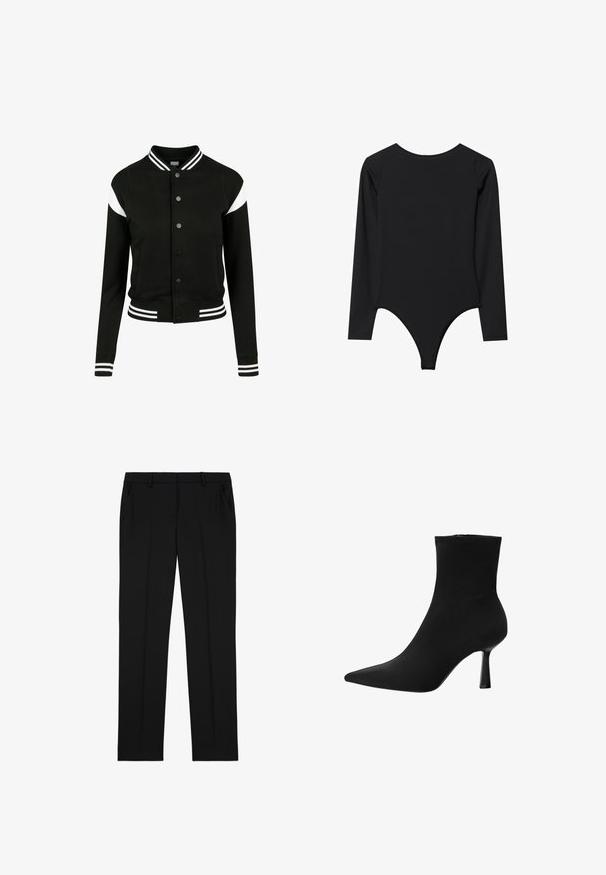 Schwarze Collegejacke mit weißen Akzenten, gerippten Bündchen und Saum, Knopfverschluss, zwei Seitentaschen, aus weichem Stoff hergestellt. Klassisches Sportdesign.; Schwarzer Langarm-Body mit Rundhalsausschnitt, figurbetontem Design undThong-Unterteil. Glatte Textur, minimale Nähte, keine sichtbaren Beschläge.; Schwarze maßgeschneiderte Hose mit glatter Textur, featuring einen flachen Vorderteil, zwei Seitentaschen und einem klassischen geraden Bein.; Schwarze Knöchelstiefel aus glattem Stoff, mit spitzem Fuß und schmalem Stiletto-Absatz, nahtlosem Design und ohne sichtbare Beschläge.