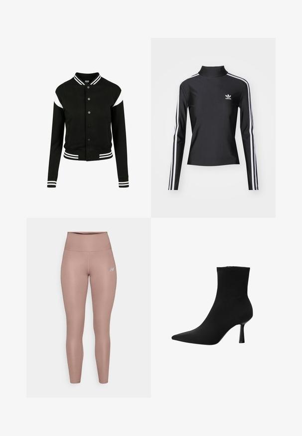 Crna jakna u varsity stilu s bijelim akcentima, rebrasti manžeti i donji rub, kopčanje na gumbe, dva bočna džepa, izrađena od mekanog materijala. Klasični sportski dizajn.; Crna majica dugih rukava s visokim ovratnikom, izrađena od glatkog materijala. Sadrži bijele bočne pruge i mali bijeli logotip na prsima.; New Balance HARMONY HIGH RISE - Tajice - earth shadow; Crne gležnjače od glatke tkanine, s uskim špicastim đonom i tankim stiletto potpeticama, bez vidljivih učvršćenja i s besprijekornim dizajnom.