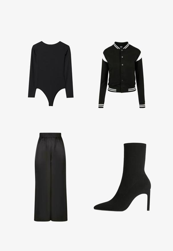 Schwarze Collegejacke mit weißen Akzenten, gerippten Bündchen und Saum, Knopfverschluss, zwei Seitentaschen, aus weichem Stoff hergestellt. Klassisches Sportdesign.; Schwarzer Langarm-Body mit Rundhalsausschnitt, figurbetontem Design undThong-Unterteil. Glatte Textur, minimale Nähte, keine sichtbaren Beschläge.; Schwarze, weit geschnittene Hosen aus glattem, glänzendem Stoff mit elastischem Bund und ohne sichtbare Taschen oder Metallteile.; Schwarzer Knöchelstiefel aus weichem Wildleder, mit einer spitzen Zehe und hohen Stiletto-Absätzen. Minimalistisches Design ohne sichtbare Beschläge oder Muster.