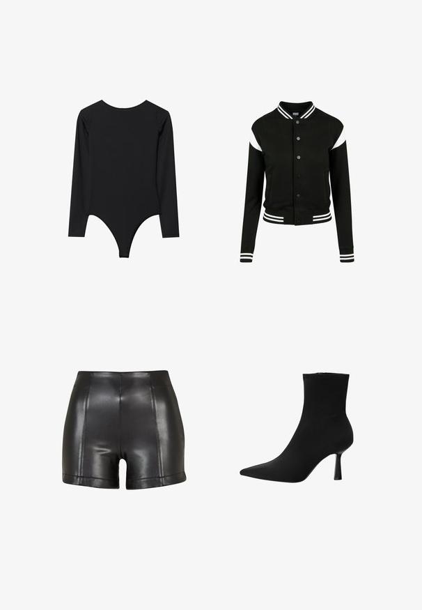 Black varsity jacket with white accents, ribbed cuffs and hem, button closure, two side pockets, made from soft fabric. Classic sports design.; Black long-sleeve bodysuit with a round neck, form-fitting design, and a thong bottom. Smooth texture, minimal seams, no visible hardware.; Black faux leather shorts featuring a high waist, smooth texture, and visible stitching along the front and hemline.; Black ankle boot made of smooth fabric, featuring a pointed toe and a slim stiletto heel, with a seamless design and no visible hardware.