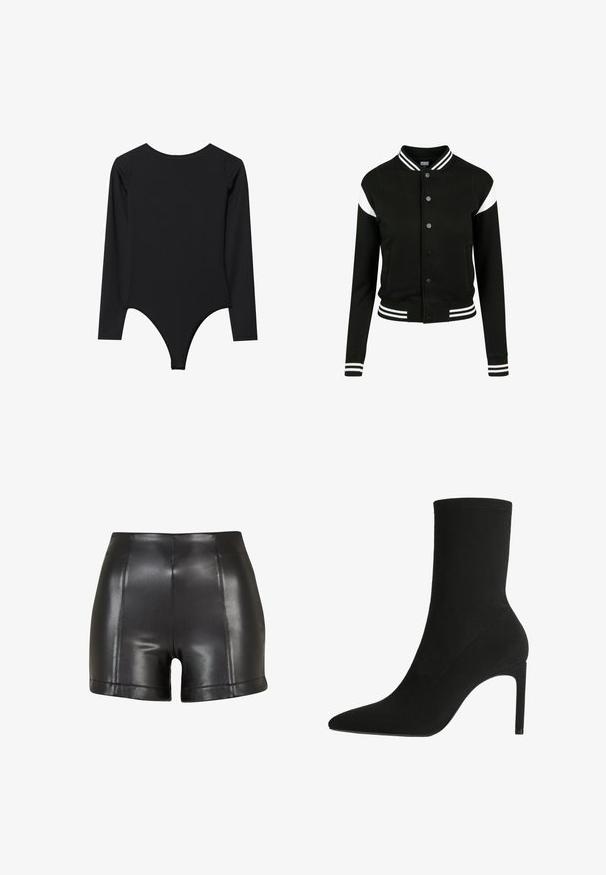Schwarze Collegejacke mit weißen Akzenten, gerippten Bündchen und Saum, Knopfverschluss, zwei Seitentaschen, aus weichem Stoff hergestellt. Klassisches Sportdesign.; Schwarzer Langarm-Body mit Rundhalsausschnitt, figurbetontem Design undThong-Unterteil. Glatte Textur, minimale Nähte, keine sichtbaren Beschläge.; Schwarze Shorts aus Kunstleder mit hoher Taille, glatter Textur und sichtbaren Nähten an der Vorderseite und am Saum.; Schwarzer Knöchelstiefel aus weichem Wildleder, mit einer spitzen Zehe und hohen Stiletto-Absätzen. Minimalistisches Design ohne sichtbare Beschläge oder Muster.