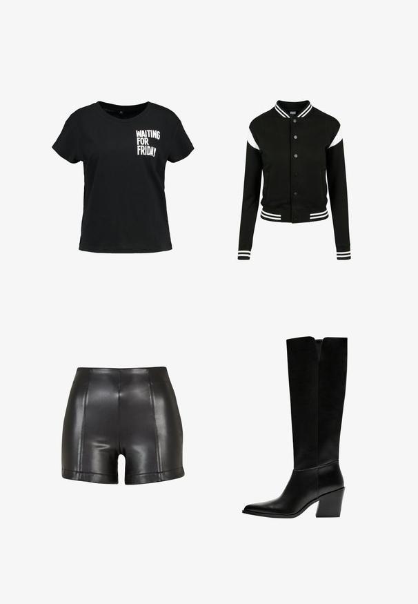 Černá varsity bunda s bílými akcenty, žebrované manžety a spodní lem, zapínání na knoflíky, dvě boční kapsy, vyrobená z měkké textilie. Klasický sportovní design.; Černé bavlněné tričko s krátkým rukávem, s bílým grafickým textem "ČEKÁM NA PÁTEK" na levé části hrudi.; Černé kraťasy z umělé kůže s vysokým pasem, hladkou texturou a viditelným švem podél přední části a lemu.; Černé kozačky po kolena vyrobené z hladké kůže, s špičatou špičkou, blokovým podpatkem a výřezem ve tvaru V na vrchu.