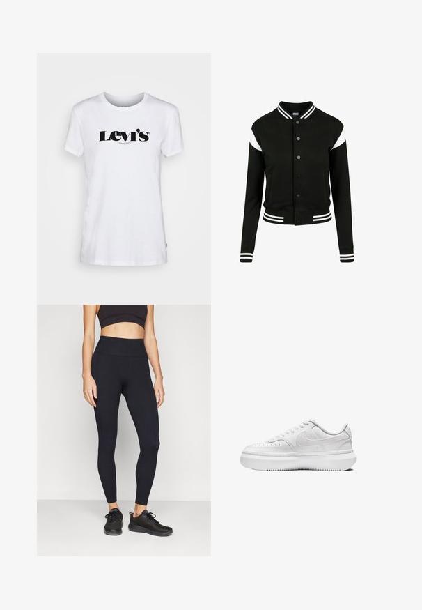 Chaqueta tipo varsity negra con acentos en blanco, puños y dobladillo acanalados, cierre de botones, dos bolsillos laterales, hecha de un tejido suave. Diseño deportivo clásico.; Levi's® THE PERFECT TEE - Camiseta estampada - white; Mallas deportivas negras con una cintura alta, textura acanalada y un diseño ajustado. Llevadas con zapatillas negras.; Zapatillas blancas con parte superior de cuero liso, puntera redonda, detalles perforados y suela de goma blanca gruesa. Presenta el logotipo en el lateral y cordones planos.
