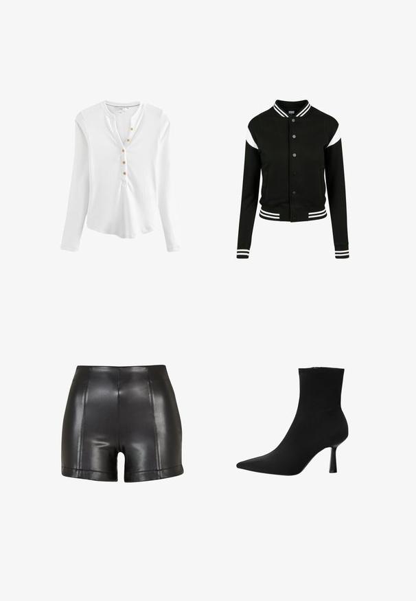 Black varsity jacket with white accents, ribbed cuffs and hem, button closure, two side pockets, made from soft fabric. Classic sports design.; Long-sleeve white henley shirt made of ribbed fabric, featuring a V-neckline and five gold-tone buttons along the placket.; Black faux leather shorts featuring a high waist, smooth texture, and visible stitching along the front and hemline.; Black ankle boot made of smooth fabric, featuring a pointed toe and a slim stiletto heel, with a seamless design and no visible hardware.