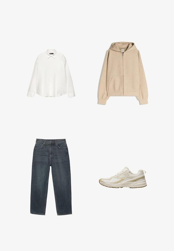 Beige rits-hoodie met een zachte, gestructureerde afwerking, kenguruzak aan de voorkant en een capuchon met een trekkoord.; Witte blouse met knoopsluiting, gemaakt van gladde stof, met een puntige kraag, lange mouwen en een ontspannen, vierkante silhouet.; Donkerblauwe denim jeans met een recht model, vijf zakken, riemlussen en subtiele vervaging in het materiaal. Gestikt zoomdetail.; Witte sportieve schoenen van mesh en synthetisch materiaal, met een afgeronde neus, een gevoerde zool en beige accenten aan de zijkanten.