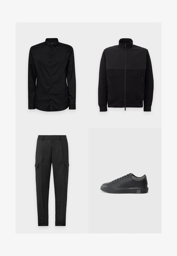 Giacca nera con zip completa e colletto alto, due tasche laterali con zip e polsini a coste, adagiata su uno sfondo bianco.; Camicia nera a maniche lunghe con bottoni, realizzata in un tessuto morbido, caratterizzata da un colletto classico, bottoni frontali e un logo discreto sopra il petto sinistro.; Pantaloni cargo neri con vita elastica, gamba affusolata, tasche laterali e una tasca cargo singola sulla coscia sinistra. Tessuto morbido.; Sneaker in pelle nera con finitura liscia, punta arrotondata e accenti grigio scuro. Presenta un design con lacci e suola in gomma testurizzata.