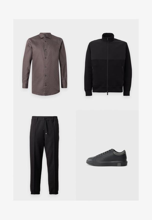 Černá bunda na zip s vysokým límcem, dvěma bočními kapsami na zip a žebrovanými manžetami, položená na bílé ploše.; Hnědá košile s dlouhým rukávem na knoflíky s jemným vzorem. Má standardní límec a černé knoflíky, vyrobená z hladké látky.; Černé kalhoty s páskem, šňůrkou na stažení a elastickými manžetami. Obsahují sklady a hladkou, strukturovanou látku.; Černé kožené tenisky s hladkým povrchem, zaoblenou špičkou a tmavě šedými akcenty. Disponují šněrovacím designem a texturovanou gumovou podrážkou.