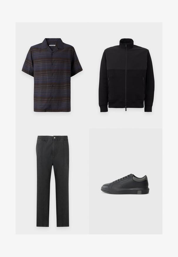 Črna jakna s polnim zadrgo in visokim ovratnikom, z dvema stranskima žepoma z zadrgo in rebrastimi manšetami, položena na belem ozadju.; Kratka majica s kratkim rukavima u tamnoplavoj in rjavi barvi z navpičnimi črtami, gumbi spredaj, koničast ovratnik in gladka tekstura blaga.; Črne hlače z elastičnim pasom, ravnim sprednjim delom, dvema stranskima žepoma in dekorativnimi šivi. Brez vidnih vzorcev ali kovinskih detajlov.; Črne usnjene teniske s gladko površino, zaobljenim prstom in temno sivo akcenti. Imajo sistem vezanja in teksturiran gumijast podplat.