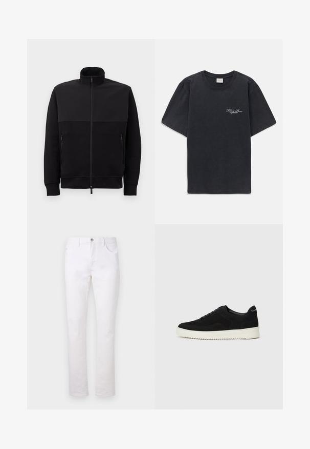 Juodas pilnai užtraukiamas švarkas su aukštu apykakle, dviem užtraukiamomis šoninėmis kišenėmis ir suribotomis rankovėmis, išklotas ant balto fono.; Juodas trumpomis rankovėmis, apvaliu kaklu marškinėliai su mažu baltu "Filling Pieces" tekstiniu logotipu kairiajame krūtinės kampe.; Baltos džinsinis kelnes su tiesiais blauzdų kirpimais, turinčios dvi priekinės kišenes, vieną užpakalinę kišenę ir metalinį mygtuko užsegimą juosmens srityje.; Juodos veliūrinės sportinės bateliai su raištelių dizainu ir kontrastinga balta gumine padais. Yra tekstūruoti šoniniai skydeliai ir subtilus logotipas ant kulno.