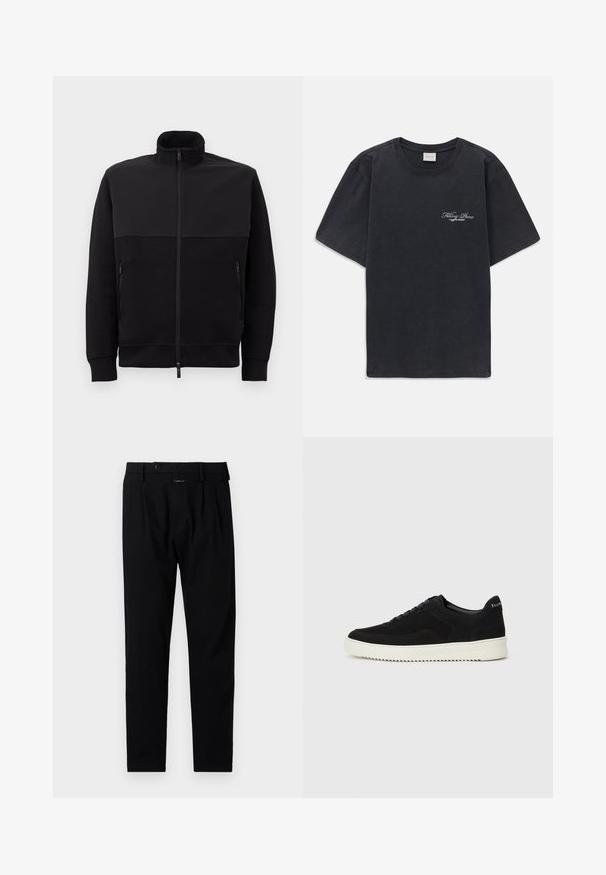 Jachetă neagră cu fermoar complet, cu guler înalt, două buzunare laterale cu fermoar și manșete cu model din fibră, întinsă pe un fundal alb.; Tricou negru cu mânecă scurtă și gât rotund, având un mic logo alb "Filling Pieces" pe partea stângă a pieptului.; Pantaloni negri cu o croială ajustată, având un front plat, pliseuri simple și închidere cu nasture. Confecționați dintr-un material neted, potriviți pentru îmbrăcăminte formală.; Adidași negri din suede cu design cu șireturi și talpă din cauciuc alb contrastant. Prezintă panouri laterale texturate și branding subtil pe toc.