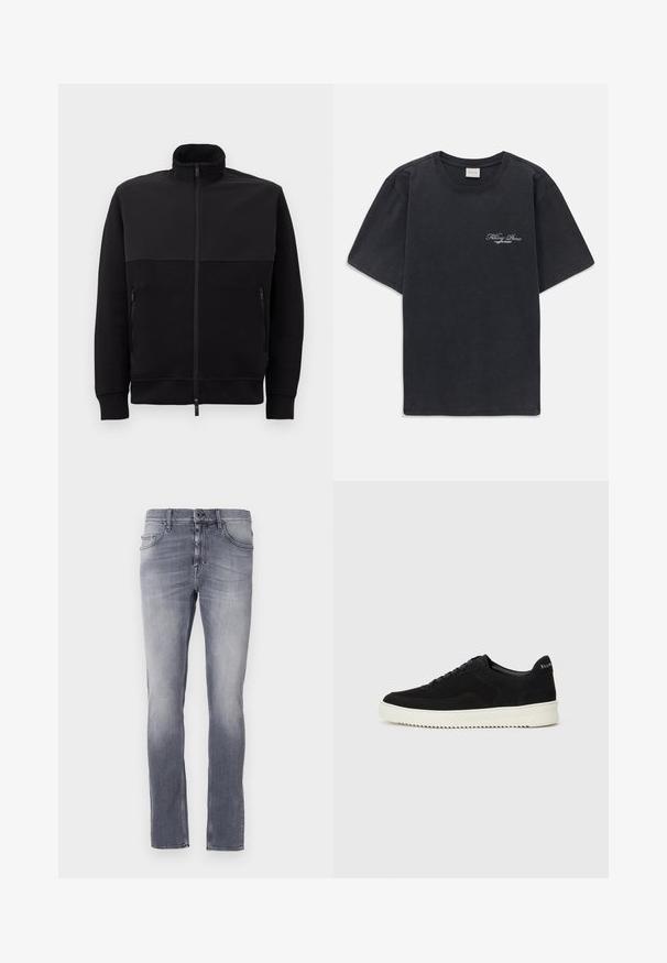 Juodas pilnai užtraukiamas švarkas su aukštu apykakle, dviem užtraukiamomis šoninėmis kišenėmis ir suribotomis rankovėmis, išklotas ant balto fono.; Juodas trumpomis rankovėmis, apvaliu kaklu marškinėliai su mažu baltu "Filling Pieces" tekstiniu logotipu kairiajame krūtinės kampe.; Pilki džinsai su išblukusiu apdaila, tiesaus kirpimo dizainas, penkios kišenės, diržo kilpos ir metalinė sagtis juosmens srityje.; Juodos veliūrinės sportinės bateliai su raištelių dizainu ir kontrastinga balta gumine padais. Yra tekstūruoti šoniniai skydeliai ir subtilus logotipas ant kulno.