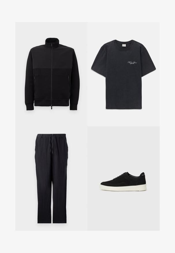 Černá bunda na zip s vysokým límcem, dvěma bočními kapsami na zip a žebrovanými manžetami, položená na bílé ploše.; Černé tričko s krátkým rukávem a kulatým výstřihem s malým bílým logem "Filling Pieces" na levé hrudi.; Černé lněné kalhoty s elastickým pasem, rovný střih a dvě kapsy, s lehkou a prodyšnou texturou.; Černé semišové tenisky s krajkovým designem a kontrastní bílou gumovou podrážkou. Obsahují texturované boční panely a jemné branding na patě.