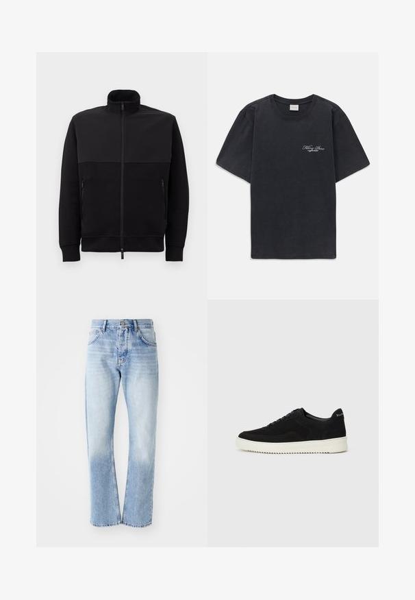 Mustad musta täis tõmblukuga jakki kõrge kaelusega, kahe tõmblukuga küljetaskuga ja ribakätistega, asetatud tasasele valgele taustale.; Must have lühikesed varrukad ümmarguse kaelusega must T-särk, millel vasakul rinnal on väike valge "Filling Pieces" teksti logo.; Heled sinine teksapüksid sirge lõikega. Omab viit taskut, nööpide kinnitust ja pleekinud tekstuuri allosas.; Mustad suede jooksujalatsid, millel on paelad ja kontrastne valge kummitald. Omab tekstuuriga külgpaneele ja tagasihoidlikku brändimist kandadel.