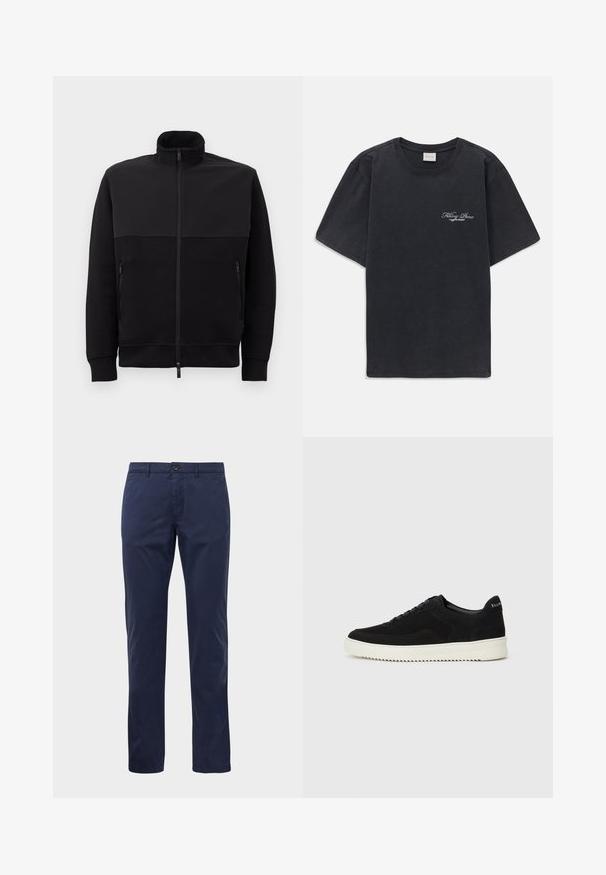 Svart full-zip jakke med høy krage, to glidelåslommer på siden og ribbestrikkede mansjetter, lagt flatt på en hvit bakgrunn.; Svart kortermet t-skjorte med rund hals og liten hvit "Filling Pieces" tekstlogo på venstre bryst.; Marineblå straight-leg bukser med knap- og lynlåslukning, bæltestropper og sidelommer, vist på en hvid baggrund.; Svart semsket sneakers med snøring og kontrasterende hvit gummisåle. Har teksturerte sidepaneler og subtil merkevare på hælen.