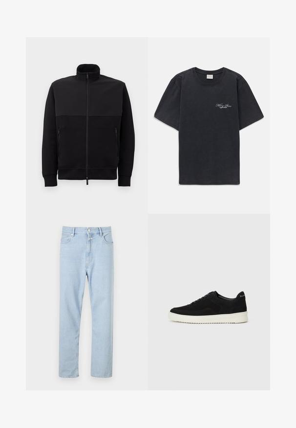Svart full-zip jakke med høy krage, to glidelåslommer på siden og ribbestrikkede mansjetter, lagt flatt på en hvit bakgrunn.; Svart kortermet t-skjorte med rund hals og liten hvit "Filling Pieces" tekstlogo på venstre bryst.; Lyseblå, rette jeans laget av denim, med knapp- og glidelåsåpning, fem lommer og diskret falming på stoffet.; Svart semsket sneakers med snøring og kontrasterende hvit gummisåle. Har teksturerte sidepaneler og subtil merkevare på hælen.