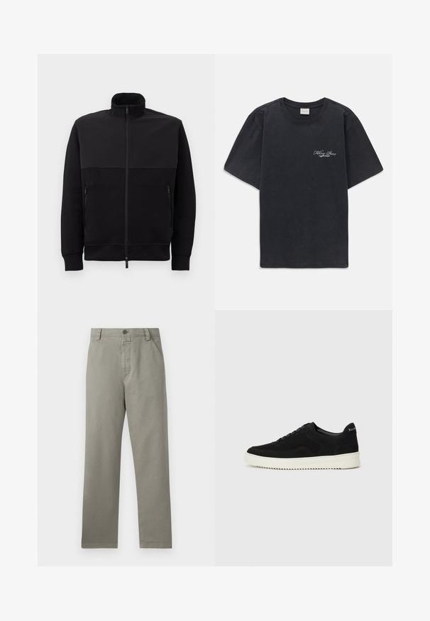 Chaqueta negra con cremallera completa y cuello alto, con dos bolsillos laterales con cremallera y puños acanalados, dispuesta sobre un fondo blanco.; Camisa de tirantes negra con cuello redondo y logo pequeño en blanco de "Filling Pieces" en el lado izquierdo del pecho.; Pantalones de color gris claro hechos de algodón, con un diseño de pierna recta, lazos para cinturón y un cierre de botón único en la cintura.; Zapatilla de ante negra con diseño de cordones y suela de goma blanca contrastante. Presenta paneles laterales texturizados y un sutil logo en el talón.