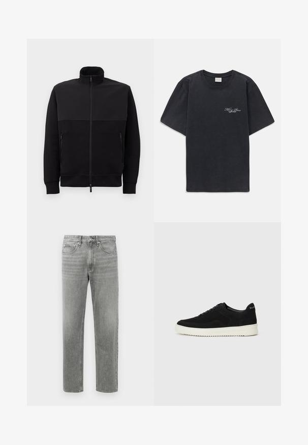Schwarze Vollzip-Jacke mit hohem Kragen, zwei mit Reißverschluss versehenen Seitentaschen und gerippten Bündchen, flach auf einem weißen Hintergrund ausgelegt.; Schwarzes T-Shirt mit kurzen Ärmeln und Rundhalsausschnitt, mit kleinem weißen "Filling Pieces"-Textlogo auf der linken Brust.; Graue Jeans aus Denim mit geradem Schnitt, die ein klassisches Fünf-Taschen-Design und dezente Ausbleichungen für mehr Struktur aufweisen. Standardmäßiger Reißverschluss. ; Schwarze Wildleder-Sneaker mit Schnürdesign und kontrastierender weißer Gummisohle. Verfügt über strukturierte Seitenpaneele und dezentes Branding an der Ferse.