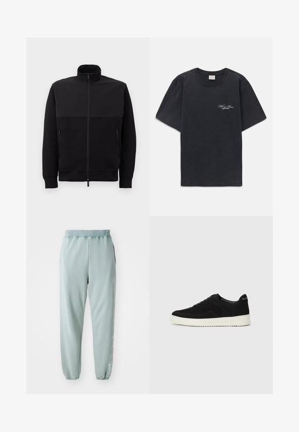 Jachetă neagră cu fermoar complet, cu guler înalt, două buzunare laterale cu fermoar și manșete cu model din fibră, întinsă pe un fundal alb.; Tricou negru cu mânecă scurtă și gât rotund, având un mic logo alb "Filling Pieces" pe partea stângă a pieptului.; Pantaloni de trening de culoare verde deschis, fabricați din bumbac moale, având un brâu elastic, buzunare laterale și detalii grafice subtile pe o picior.; Adidași negri din suede cu design cu șireturi și talpă din cauciuc alb contrastant. Prezintă panouri laterale texturate și branding subtil pe toc.
