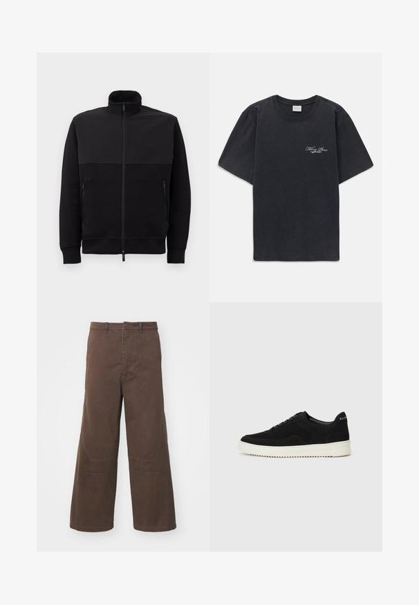 Črna jakna s polnim zadrgo in visokim ovratnikom, z dvema stranskima žepoma z zadrgo in rebrastimi manšetami, položena na belem ozadju.; Črna majica s kratkimi rokavi in okroglo ovratnikom, z majhnim belim logotipom "Filling Pieces" na levi strani prsnega dela.; Rjave hlače širokega kroja, izdelane iz trpežnega bombaža. Imajo sprednje žepke in ojačane detajle na kolenih za dodatno funkcionalnost.; Črni semiš teniški copati z vezalkami in kontrastnim belim gumijastim podplatom. Imajo teksturirane stranske panele in subtilno oznako na peti.