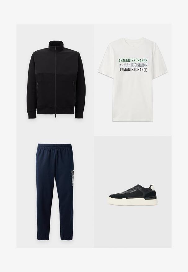 Svart full-zip jakke med høy krage, to glidelåslommer på siden og ribbestrikkede mansjetter, lagt flatt på en hvit bakgrunn.; Hvit bomulls t-skjorte med gjentatt tekst "ARMANIEXCHANGE" i grønn, blå og svart. Korte ermer og klassisk rund hals.; Mørkeblå joggebukser med elastisk midje, smalnede ben og en hvit logo på siden. Glatt stoff med lett tekstur.; Svart sneaker laget av mesh og lær, med en tykk hvit såle og kontrasterende detaljer. Lissene og logoen er detaljer på siden.