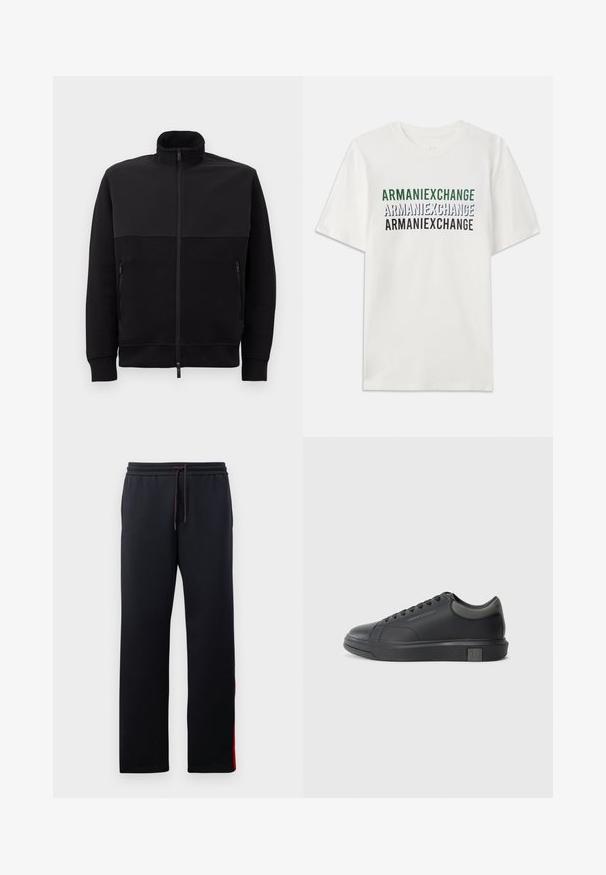 Fekete, teljes hosszúságú, cipzáros dzseki magas gallérral, két cipzáras oldalzsebbel és bordázott mandzsettával, fehér háttéren fekve.; Fehér pamut póló, melyen zöld, kék és fekete színben ismétlődő "ARMANIEXCHANGE" felirat található. Rövid ujjú, klasszikus kerek nyakkivágású.; Fekete melegítőnadrág, húzózsinórral a deréknál, szűkített lábakkal és piros díszcsíkkal az oldalán. Puha, rugalmas anyag, sima textúrával.; Fekete bőrlábbeli sima felülettel, kerek orral és sötétszürke kiegészítőkkel. Fűzős kialakítású és texturált gumitalppal rendelkezik.