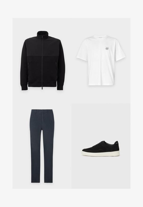 Melnā pilna rāvējslēdzēja jaka ar augstu apkakli, divām rāvējslēdzēja sānu kabatām un ribotām piedurknēm, novietota uz balta fona.; Baltas kokvilnas T-krekls ar īsām piedurknēm, apaļu dekoltē un mazu pelēku logo kreisajā krūšu daļā. Gluda tekstūra.; Tumši zili bikses, izgatavotas no viegla auduma ar šauru piegriezumu. Iekšējā daļā ir pogu aizdare un kabatas. Gluda tekstūra, bez rakstiem.; Melnas zamšas kedas ar auklām un kontrastējošu baltu gumijas zoli. Iekļauj teksturētas sānu panēles un diskretu zīmolu uz papēža.
