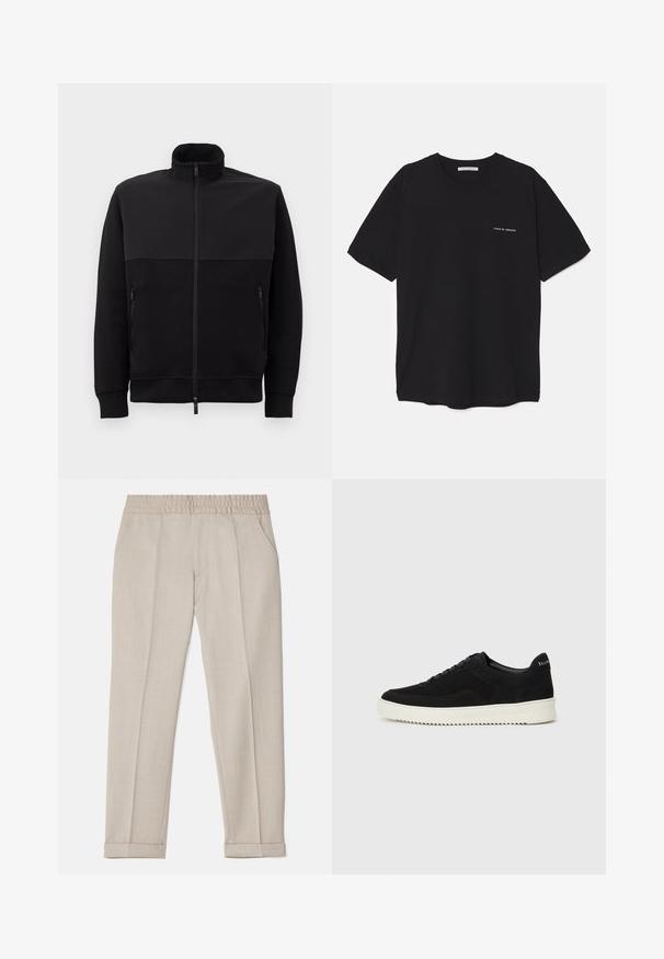Juodas pilnai užtraukiamas švarkas su aukštu apykakle, dviem užtraukiamomis šoninėmis kišenėmis ir suribotomis rankovėmis, išklotas ant balto fono.; Juoda medvilninė marškinėlė su apykakle, trumpomis rankovėmis ir baltu logotipu kairėje krūtinės pusėje. Paprastas, vientisas spalvų dizainas.; Filippa K TERRY CROPPED TROUSERS - Kelnės - sage melange; Juodos veliūrinės sportinės bateliai su raištelių dizainu ir kontrastinga balta gumine padais. Yra tekstūruoti šoniniai skydeliai ir subtilus logotipas ant kulno.