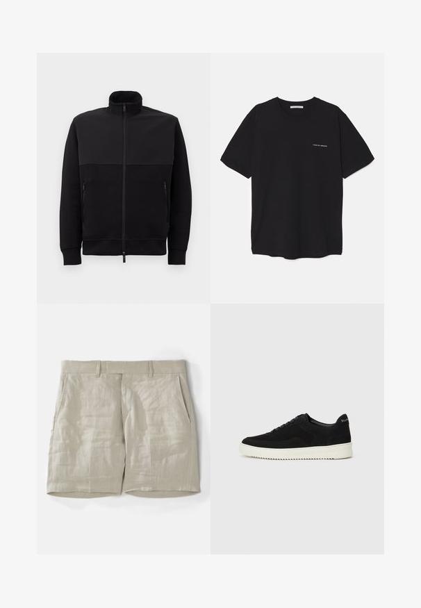 Černá bunda na zip s vysokým límcem, dvěma bočními kapsami na zip a žebrovanými manžetami, položená na bílé ploše.; Černé bavlněné tričko s kulatým výstřihem, krátkými rukávy a bílým logem potisknutým na levé straně hrudi. Jednoduchý, jednobarevný design.; Béžové lněné šortky s hladkým povrchem, které mají dvě boční kapsy, pas se smyčkami na opasek a rovný střih nohavic.; Černé semišové tenisky s krajkovým designem a kontrastní bílou gumovou podrážkou. Obsahují texturované boční panely a jemné branding na patě.