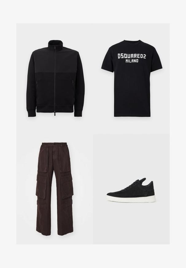 Black full-zip jacket with high collar, two zippered side pockets, and ribbed cuffs, laid flat on a white background.; Black short-sleeve T-shirt with white "DSQUARED2 MILANO" text centered on the chest, crew neck, and straight hem.; Brown cargo pants featuring a wide-leg design, multiple large pockets, elastic waistband, and a soft, textured fabric.; Black suede sneaker with a white rubber sole, featuring tonal stitching and lace-up design. Smooth texture with a modern, streamlined shape.