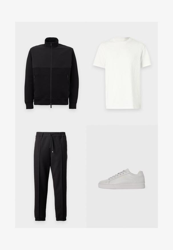 Juodas pilnai užtraukiamas švarkas su aukštu apykakle, dviem užtraukiamomis šoninėmis kišenėmis ir suribotomis rankovėmis, išklotas ant balto fono.; Balta trumpa rankovėmis marškinėliai su šiek tiek tekstūruotu paviršiumi ir apvalia iškirpte. Nėra matomų raštų ar detalių.; Juodos kelnės su juosmeniu, raišteliu ir elastingais rankogaliais. Yra raukšlės ir lygus, tekstūruotas audinys.; Šviesiai pilka odinė sportinė avalynė su lygiu paviršiumi, apvaliu pirštu, plokščiomis guminėmis padangomis ir toniniais raišteliais. Pasižymi minimalia auksine ženklinimo informacija.