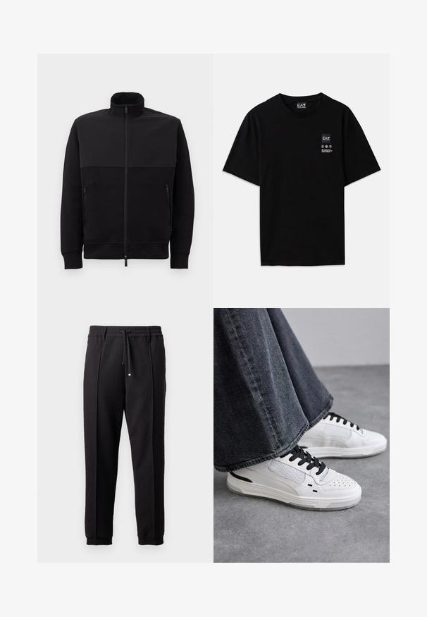 Black full-zip jacket with high collar, two zippered side pockets, and ribbed cuffs, laid flat on a white background.; Black cotton t-shirt with short sleeves, a crew neck, and a small logo tag on the front featuring care symbols in white.; Black trousers with a waistband, drawstring, and elastic cuffs. Features pleats and a smooth, textured fabric.; White sneakers with black laces and mesh detailing. Features a smooth leather upper and a textured rubber sole. Paired with wide-leg grey jeans.