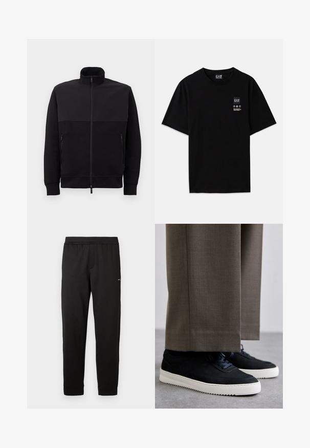 Svart full-zip jakke med høy krage, to glidelåslommer på siden og ribbestrikkede mansjetter, lagt flatt på en hvit bakgrunn.; Svart bomulls t-skjorte med kort erm, rund hals og et lite logo-merke foran med pleiesymboler i hvitt.; Svart treningbukse med elastisk midje og tilnærmet smale ben, med lite logo på øvre lår, vist på hvit bakgrunn.; Svarte suedeglans sneakers med hvite gummisåler, med rund tå og lisser, iført grå skreddersydde bukser.