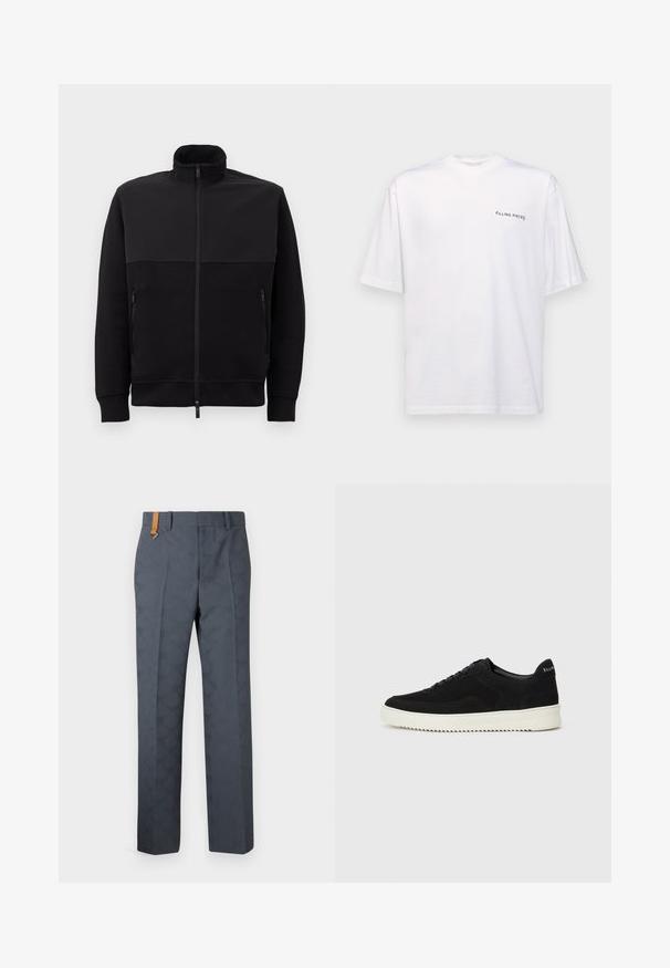 Black full-zip jacket with high collar, two zippered side pockets, and ribbed cuffs, laid flat on a white background.; White short-sleeve t-shirt in cotton with a v-neck, featuring a black "FILLING PIECES" logo printed on the left side.; Gray patterned trousers with a smooth texture, featuring a flat front and a brown leather accent on the waistband. Tailored fit with straight legs.; Black suede sneaker with lace-up design and contrasting white rubber sole. Features textured side panels and subtle branding on the heel.
