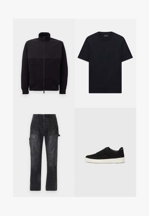 Fekete, teljes hosszúságú, cipzáros dzseki magas gallérral, két cipzáras oldalzsebbel és bordázott mandzsettával, fehér háttéren fekve.; Fekete, rövid ujjú, kerek nyakú póló, amelyen a mellkason finoman domború logó található, valamint egy márkás címke a nyakában.; Fekete farmernadrág, kontrasztos fekete bőrpanelekkel, egyenes szabású dizájnnal és diszkrét kopottas részletekkel az anyagon.; Fekete velúr sportcipő fűzős dizájnnal és kontrasztos fehér gumitalppal. Jellemzői a textúrázott oldalpanelek és a diszkrét logó a sarokon.