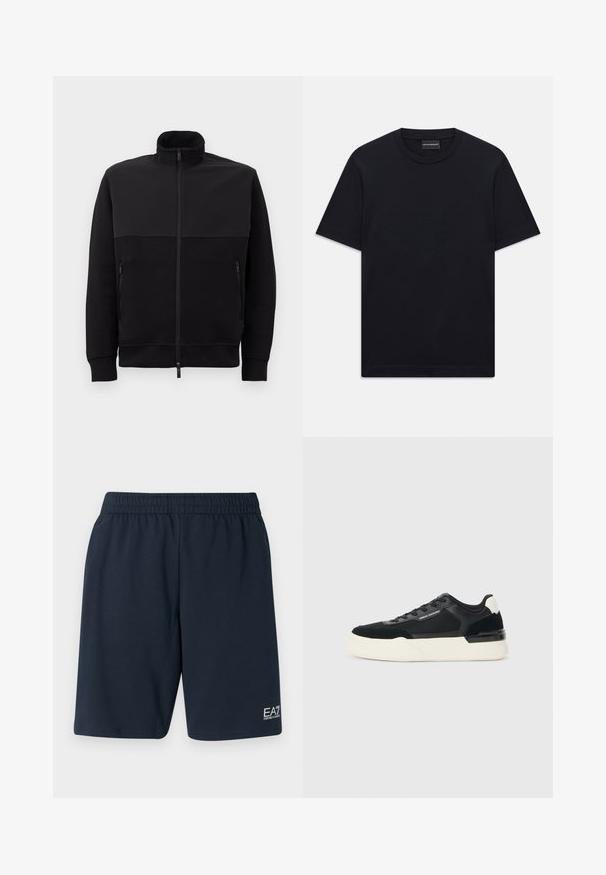 Melnā pilna rāvējslēdzēja jaka ar augstu apkakli, divām rāvējslēdzēja sānu kabatām un ribotām piedurknēm, novietota uz balta fona.; Melnas īsām piedurknēm T-krekls ar apaļu kakla izgriezumu, ar smalku iepresētu logotipa dizainu krūšu centrā un zīmola etiķeti apakšā kaklā.; Jūras zila elastīga jostasvieta šorti, izgatavoti no mīkstas auduma, ar sānu kabatām un mazu baltu EA7 logo kreisajā apakšējā kājā.; Melnas sporta kurpes, kas izgatavotas no sieta un ādas, ar biezām baltām zoles un kontrastējošiem akcentiem. Mežģīņu un logo detaļa sānos.