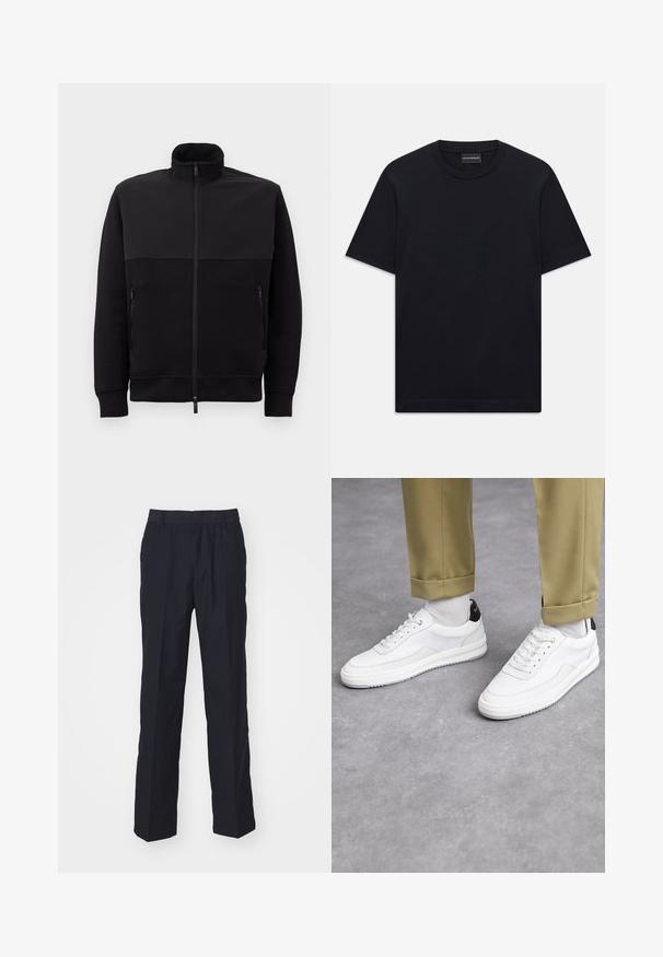 Black full-zip jacket with high collar, two zippered side pockets, and ribbed cuffs, laid flat on a white background.; Black short-sleeve crew neck T-shirt with subtle embossed logo design centered on the chest and a branded tag inside the collar.; Navy blue trousers made of lightweight fabric, featuring a straight-leg design, elastic waistband, and no visible pockets or patterns.; White sneakers with a textured leather finish, rounded toe, and black heel accent. Rubber sole with small tread pattern and stitched detail.