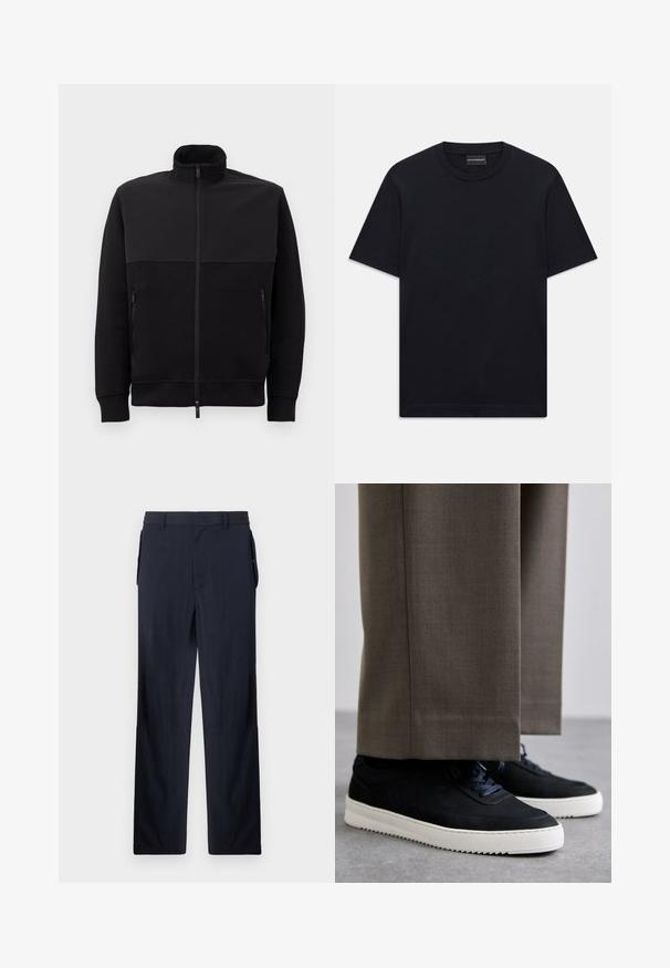 Črna jakna s polnim zadrgo in visokim ovratnikom, z dvema stranskima žepoma z zadrgo in rebrastimi manšetami, položena na belem ozadju.; Črna kratka majica s kratkimi rokavi z okroglim izrezom, z diskretno embosirano logotipno zasnovo, ki je osredotočena na prsih, ter oznako blagovne znamke znotraj ovratnika.; Mornarsko modre hlače iz lahkotnega materiala, z ohlapnim krojem, ravnim sprednjim delom in stranskimi žepi za praktičnost. Gladka tekstura, brez vidnih vzorcev.; Črne nubuk teniske z belimi gumijastimi podplati, ki imajo zaobljen nos in vezalke, oblečene z sivimi krojenimi hlačami.