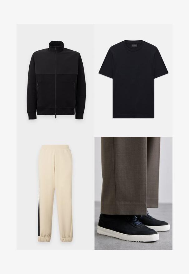 Črna jakna s polnim zadrgo in visokim ovratnikom, z dvema stranskima žepoma z zadrgo in rebrastimi manšetami, položena na belem ozadju.; Črna kratka majica s kratkimi rokavi z okroglim izrezom, z diskretno embosirano logotipno zasnovo, ki je osredotočena na prsih, ter oznako blagovne znamke znotraj ovratnika.; Kremne kulot hlače z črnimi stranskimi črtami, elastičnim pasom in rebrastimi manšetami. Mehka tkanina z udobnim krojem.; Črne nubuk teniske z belimi gumijastimi podplati, ki imajo zaobljen nos in vezalke, oblečene z sivimi krojenimi hlačami.